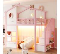 Lit mezzanine 90x200 cm en forme de maisonnette, lit enfant avec escalier de rangement, éclairage LED, barrière de sécurité haute et espace pour coin jeux, métal, rose/blanc