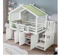 Lit Mezzanine 90x200 cm - Lit Combiné avec Rangement et Barrière de Sécurité pour enfant Armoire et 3 Casiers Pin + MDF Blanc Vert