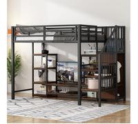 Lit Mezzanine 90x200 - MERAX - Métal & Bois - Support TV Intégré - Prise Électrique - Échelle Sécurisée