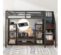 Lit mezzanine 90x200 - Noir - Échelle sécurisée - Meuble TV intégré - Prise électrique