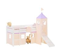 Lit superposé 90x200 cm avec Toboggan Mattress Lit mezzanine en Bois Pin Massif Lit d'enfant Rideau Tour Violet Pêche