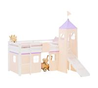 Lit superposé 90x200 cm avec Toboggan Mattress Lit mezzanine en Bois Pin Massif Lit d'enfant Rideau Tour Violet Pêche