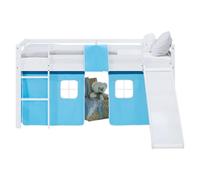 Lit superposé 90x200 cm avec Toboggan Matelas Lit mezzanine en Bois Pin Massif Lit d'enfant Rideau Bleu Sommier