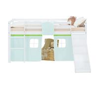 Lit superposé 90x200 cm avec Toboggan Matelas Lit mezzanine en Bois Pin Massif Lit d'enfant Rideau Vert Sommier