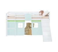 Lit superposé 90x200 cm avec Toboggan Matelas Lit mezzanine en Bois Pin Massif Lit d'enfant Rideau Vert Sommier