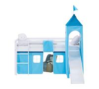 Lit superposé 90x200 cm avec Toboggan Matelas Lit mezzanine en Bois Pin Massif Lit d'enfant Rideau Tour Bleu