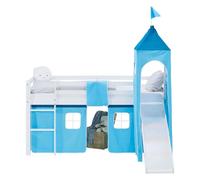 Lit superposé 90x200 cm avec Toboggan Matelas Lit mezzanine en Bois Pin Massif Lit d'enfant Rideau Tour Bleu