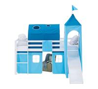 Lit superposé 90x200 cm avec Toboggan Matelas Lit mezzanine en Bois Pin Massif Lit d'enfant Rideau Tour Tunnel Bleu