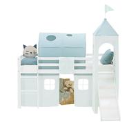 Lit mezzanine Homestyle4u 90 x 200 cm pour enfants, blanc, avec toboggan et tunnel, ensemble comprenant un matelas OEKO-TEX® Standard 100, rideau, tunnel et tour, vert, lit blanc pour enfants, lit lud