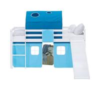 Lit superposé 90x200 cm avec Toboggan Matelas Lit mezzanine en Bois Pin Massif Lit d'enfant Rideau Tunnel Bleu Sommier