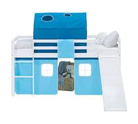 Lit superposé 90x200 cm avec Toboggan Matelas Lit mezzanine en Bois Pin Massif Lit d'enfant Rideau Tunnel Bleu Sommier