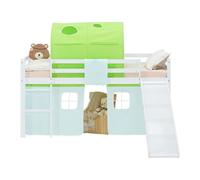 Lit superposé 90x200 cm avec Toboggan Matelas Lit mezzanine en Bois Pin Massif Lit d'enfant Rideau Tunnel Vert Sommier