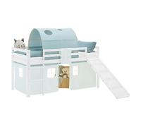 Lit superposé 90x200 cm avec Toboggan Matelas Lit mezzanine en Bois Pin Massif Lit d'enfant Rideau Tunnel Vert Sommier