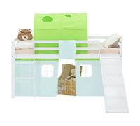 Lit superposé 90x200 cm avec Toboggan Matelas Lit mezzanine en Bois Pin Massif Lit d'enfant Rideau Tunnel Vert Sommier