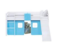 Lit superposé 90x200 cm avec Toboggan Sommier Lit mezzanine en Bois Pin Massif Lit d'enfant Cadre de Lit Rideau Bleu