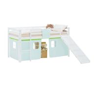 Lit superposé 90x200 cm avec Toboggan Sommier Lit mezzanine en Bois Pin Massif Lit d'enfant Cadre de Lit Rideau Vert