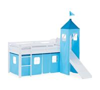 Lit superposé 90x200 cm avec Toboggan Lit mezzanine en Bois Pin Massif Lit d'enfant Cadre de Lit Rideau Tour Bleu