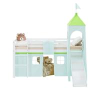 Lit mezzanine 90x200cm avec toboggan, tour et rideau pin vert