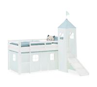 Lit superposé 90x200 cm avec Toboggan Lit mezzanine en Bois Pin Massif Lit d'enfant Cadre de Lit Rideau Tour Vert