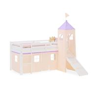 Lit superposé 90x200 cm avec Toboggan Lit mezzanine en Bois Pin Massif Lit d'enfant Rideau Tour Violet Pêche