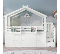 Lit Mezzanine 90x200cm,Lit Enfants avec 1 Casiers et 2 Armoire,Lit Cabane Enfants avec Escalier,Étagères de Chevet,pour Enfant,Blanc