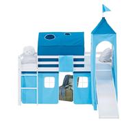 Lit superposé 90x200 cm avec Toboggan Sommier Lit mezzanine en Bois Pin Massif Lit d'enfant Rideau Tour Tunnel Bleu