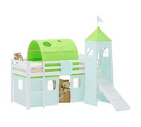 Lit superposé 90x200 cm avec Toboggan Sommier Lit mezzanine en Bois Pin Massif Lit d'enfant Rideau Tour Tunnel Vert