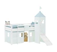 Lit mezzanine Homestyle4u 90 x 200 cm pour enfants, blanc, avec toboggan, sommier à lattes, rideau et tour, lit blanc pour enfants, lit ludique