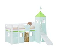 Lit superposé 90x200 cm avec Toboggan Sommier Lit mezzanine en Bois Pin Massif Lit d'enfant Rideau Tour Vert