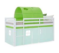 Lit superposé 90x200 cm avec Toboggan Sommier Lit mezzanine en Bois Pin Massif Lit d'enfant Rideau Tunnel Vert
