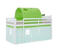 Lit superposé 90x200 cm avec Toboggan Sommier Lit mezzanine en Bois Pin Massif Lit d'enfant Rideau Tunnel Vert