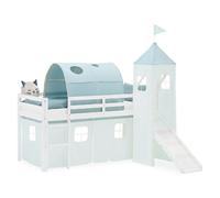 Lit superposé 90x200 cm avec Toboggan Lit mezzanine en Bois Pin Massif Lit d'enfant Cadre de Lit Rideau Tour Tunnel Vert