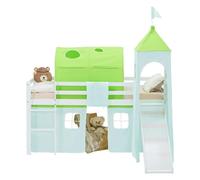 Lit superposé 90x200 cm avec Toboggan Lit mezzanine en Bois Pin Massif Lit d'enfant Cadre de Lit Rideau Tour Tunnel Vert