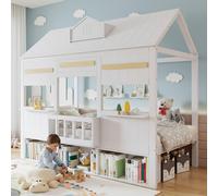 Lit mezzanine Abrihome 90 x 200 cm Lit enfant avec design maison et bibliothèque, lit en bois avec sommier à lattes, blanc