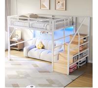 Lit mezzanine adulte 140x200 cm Lit enfant Lit double en fer avec bande LED escalier de rangement et sommier à lattes - blanc