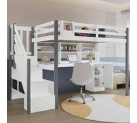 Lit mezzanine avec bacs de rangement en tissu, échelle latérale et étagère, bureau et armoire, pin et MDF, blanc et gris, 90x200 cm