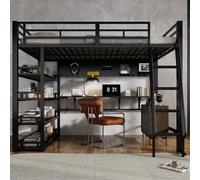 Lit mezzanine avec bureau 140 x 200 cm – Lit mezzanine en fer, nombreux rangements, prise de recharge, échelle inclinée à 4 échelons, crochets, noir