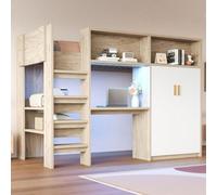 Lit mezzanine avec bureau, 90 × 200 cm, avec armoire, tiroir, bacs de rangement et éclairage LED, avec sommier à lattes, aspect bois