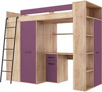 Lit Mezzanine avec Bureau, Armoire et Bibliothèque - Couchage 90x200 cm | Lit Combiné Tout-en-Un pour Enfant - Ensemble Complet 236x120x190 cm - Échelle à Gauche - VERANA - (Chêne Sonoma-Violet)