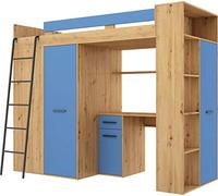 Lit Mezzanine avec Bureau, Armoire et Bibliothèque - Couchage 90x200 cm | Lit Combiné Tout-en-Un pour Enfant - Ensemble Complet 236x120x190 cm - Échelle à Gauche - VERANA (Chêne Artisan - Bleu)