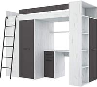 Lit Mezzanine avec Bureau, Armoire et Bibliothèque - Couchage 90x200 cm | Lit Combiné Tout-en-Un pour Enfant - Ensemble Complet 236x120x190 cm- Échelle à Gauche - VERANA(Artisanat Blanc-Graphite)