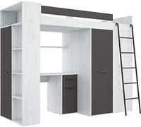 Lit Mezzanine avec Bureau, Armoire et Bibliothèque - Couchage 90x200 cm | Lit Combiné Tout-en-Un pour Enfant - Ensemble Complet 236x120x190 cm - Échelle à Droite - VERANA(Artisanat Blanc-Graphite)