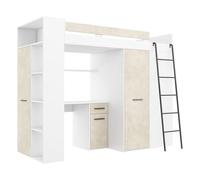Lit Mezzanine avec Bureau, Armoire et Bibliothèque - Couchage 90x200 cm | Lit Combiné Tout-en-Un pour Enfant - Ensemble Complet 236x120x190 cm - Échelle à Droite - VERANA(Blanc/Granada Amande)