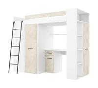Lit Mezzanine avec Bureau, Armoire et Bibliothèque - Couchage 90x200 cm | Lit Combiné Tout-en-Un pour Enfant - Ensemble Complet 236x120x190 cm - Échelle à Gauche - VERANA (Blanc/Granada Amande)