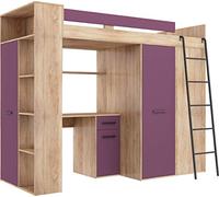 Lit Mezzanine avec Bureau, Armoire et Bibliothèque - Lit Combiné Tout-en-Un pour Enfant - Ensemble Complet 236x120x190 cm - Couchage 90x200 cm - Échelle à Droite - VERANA (Chêne Sonoma - Violet)