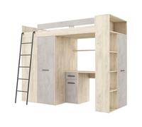 Lit Mezzanine avec Bureau, Armoire et Bibliothèque - Lit Combiné Tout-en-Un pour Enfant - Ensemble Complet 236x120x190 cm - Couchage 90x200 cm - Échelle à Gauche - VERANA (Chêne Endgrain/Béton)
