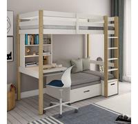 Lit Mezzanine Avec Bureau Et Chauffeuse Pin Massif Arthur Blanc-bois 90X200
