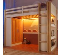 Lit mezzanine avec éclairage LED, armoire et étagère intégrées, idéal pour une chambre d'enfant, peu encombrant et moderne, sans matelas, 90 x 200 cm, blanc + naturel
