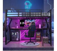 Lit mezzanine avec LED 90 x 200 cm Lit simple avec garde-corps, escalier bureau, structure en Métal pour adolescents et adultes noir