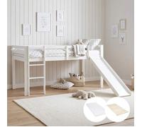 Homestyle4u Lit mezzanine enfant avec matelas et sommier à lattes, toboggan 90 x 200 cm Blanc Pin